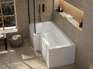The Maison Banos Natural shower bath with a black shower screen and shower head, beige tiling and natural accessories